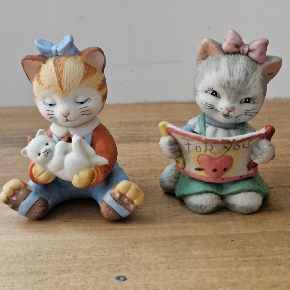Vintage 1993 B&Co Kitten Figurines Set of 2 Cute Cats "For You"‎ Gift Cat Decor